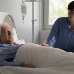 A young man in a blue checkered shirt sits beside the hospital bed of an older man who is wearing an oxygen tube. The older man appears to be unconscious or resting, while the younger man looks on with concern, gently holding his hand. The room is softly lit, with medical equipment visible in the background.